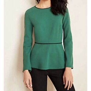 Ann Taylor Women's Green Long Sleeve Peplum Blouse Black Piping Size XS‎ $70